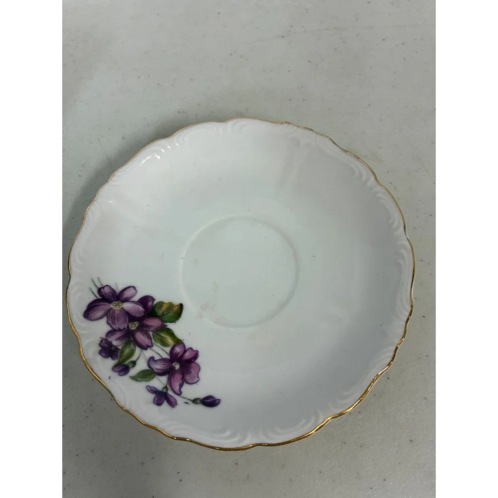 Vintage Made in Japan Purple Violet Floral Porcelain Tea Cup and Saucer Set Gold